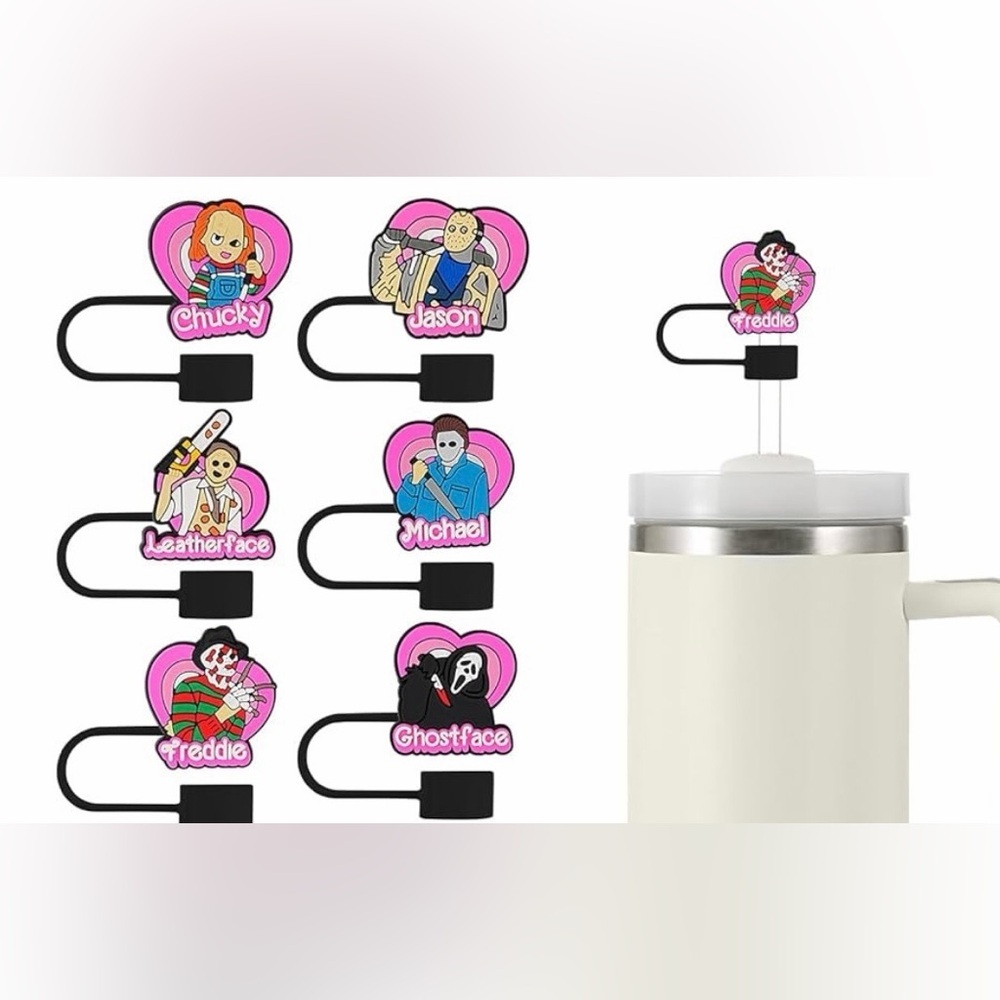 6 Stanley Horror Character Straw Toppers - Pink and Black